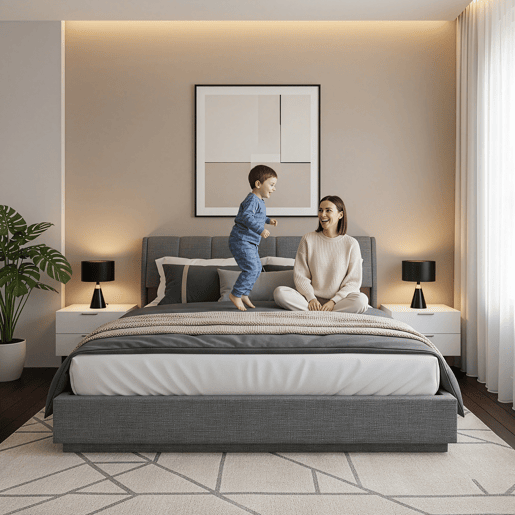 Cama estofada Tröstiar LED com base de ripas dobrável 180x200cm - Antracite en.casa