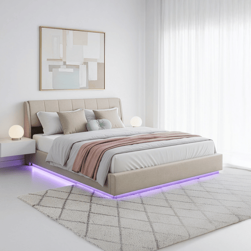 Cama estofada Tröstiar LED com base de ripas dobrável 180x200cm - Bege en.casa