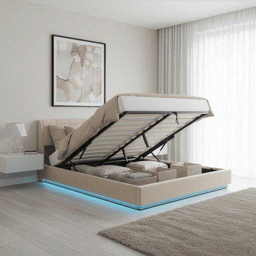 Cama estofada Tröstiar LED com base de ripas dobrável 180x200cm - Bege en.casa