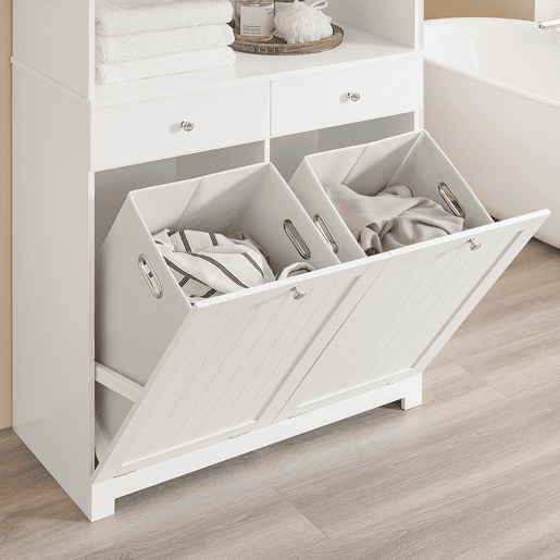 Armário de casa de banho estreito com 2 cestos de roupa suja e 2 gavetas BZR215-W