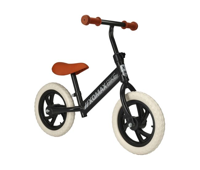 Bicicleta infantil 12'' en negro mate con sillin ajustable, ruedas eva en color blanco, soporta max 40kg