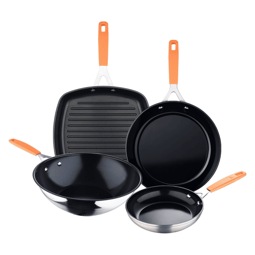 Conjunto COMPACT San Ignacio com 2 frigideiras Ø16Ø28cm + grelha quadrada 28x28cm + wok Ø28cm em alumínio forjado para indução.