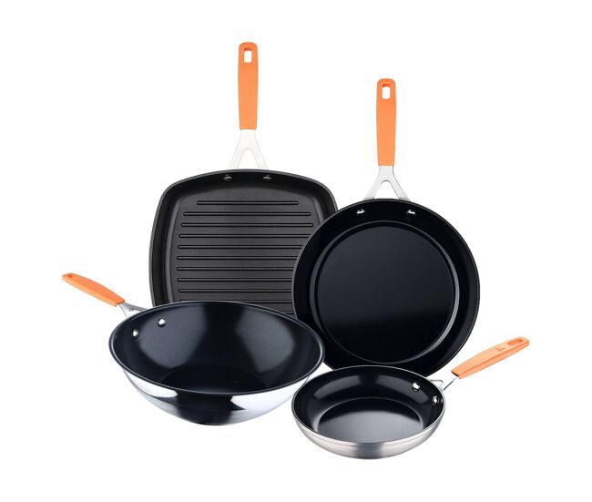 Juego de 2 sartenes ø16ø28cm + asador cuadrado 28x28cm + wok ø28cm en aluminio forjado para inducción compact san ignacio