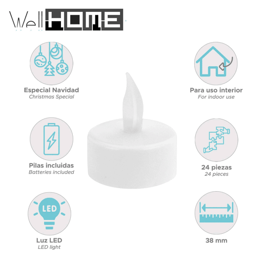 Conjunto de 24 velas de LED com efeito de cintilação e bateria incluída.