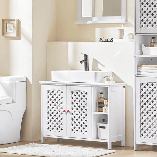 SoBuy BZR210-W Armário de lavatório de casa de banho com 2 portas e prateleira aberta - MDF E1 Armário de lavatório de casa de banho, prateleira ajustável, capacidade para 42 kg - Mobiliário que poupa espaço 80x31,5x60,5cm