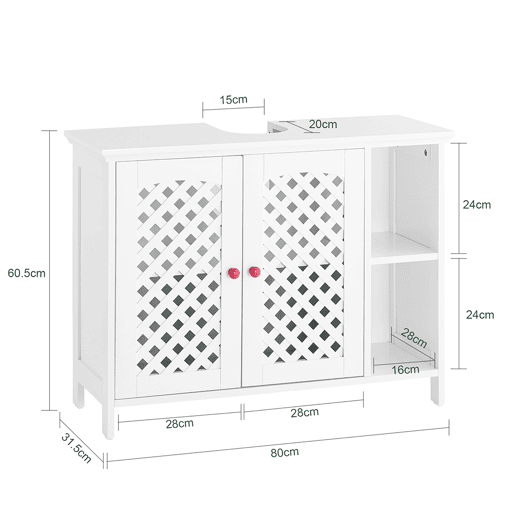 SoBuy BZR210-W Armário de lavatório de casa de banho com 2 portas e prateleira aberta - MDF E1 Armário de lavatório de casa de banho, prateleira ajustável, capacidade para 42 kg - Mobiliário que poupa espaço 80x31,5x60,5cm
