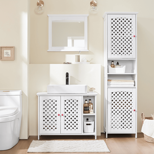 SoBuy BZR210-W Armário de lavatório de casa de banho com 2 portas e prateleira aberta - MDF E1 Armário de lavatório de casa de banho, prateleira ajustável, capacidade para 42 kg - Mobiliário que poupa espaço 80x31,5x60,5cm