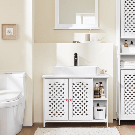 SoBuy BZR210-W Armário de lavatório de casa de banho com 2 portas e prateleira aberta - MDF E1 Armário de lavatório de casa de banho, prateleira ajustável, capacidade para 42 kg - Mobiliário que poupa espaço 80x31,5x60,5cm