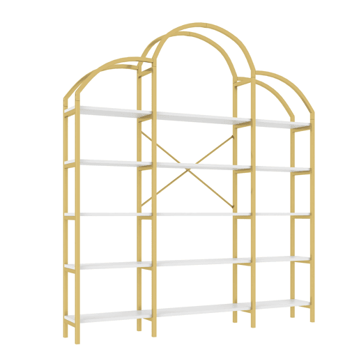 Estante 170x26x190 cm - Estilo simples, estrutura em aço e MDF, 5 níveis, formato de nuvem, dourado e branco