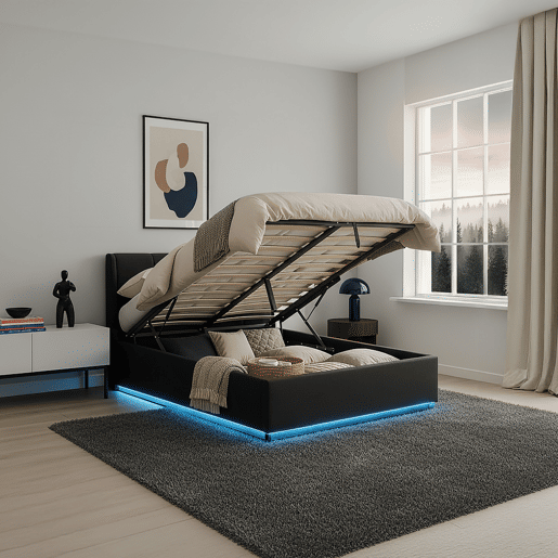 Cama estofada Tröstiar LED com base de ripas dobrável 140x200cm - Preto en.casa