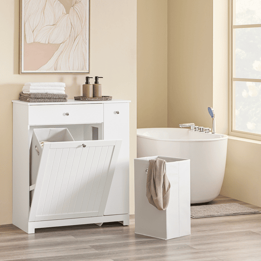 SoBuy BZR214-W Armário de casa de banho alto e estreito economizador de espaço com 1 gaveta, 2 cestos para roupa e prateleira amovível Armário de casa de banho multiusos 78x38x90cm
