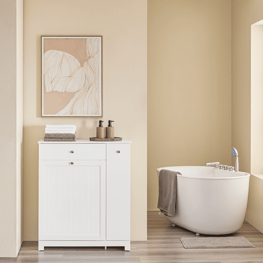 SoBuy BZR214-W Armário de casa de banho alto e estreito economizador de espaço com 1 gaveta, 2 cestos para roupa e prateleira amovível Armário de casa de banho multiusos 78x38x90cm