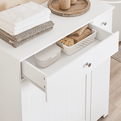 SoBuy BZR214-W Armário de casa de banho alto e estreito economizador de espaço com 1 gaveta, 2 cestos para roupa e prateleira amovível Armário de casa de banho multiusos 78x38x90cm
