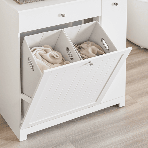 SoBuy BZR214-W Armário de casa de banho alto e estreito economizador de espaço com 1 gaveta, 2 cestos para roupa e prateleira amovível Armário de casa de banho multiusos 78x38x90cm