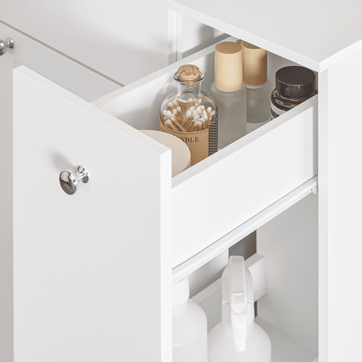 SoBuy BZR214-W Armário de casa de banho alto e estreito economizador de espaço com 1 gaveta, 2 cestos para roupa e prateleira amovível Armário de casa de banho multiusos 78x38x90cm