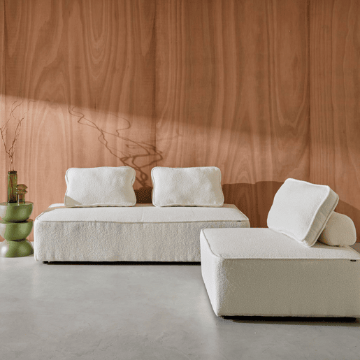 Sofá modular em tecido boucle de 3 lugares, Bao, Creme, 180x90x74 cm