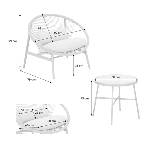 Conjunto de jardim de poltronas de jardim com mesa de aço e rattan, Narola, Beige, 92x80x75 cm