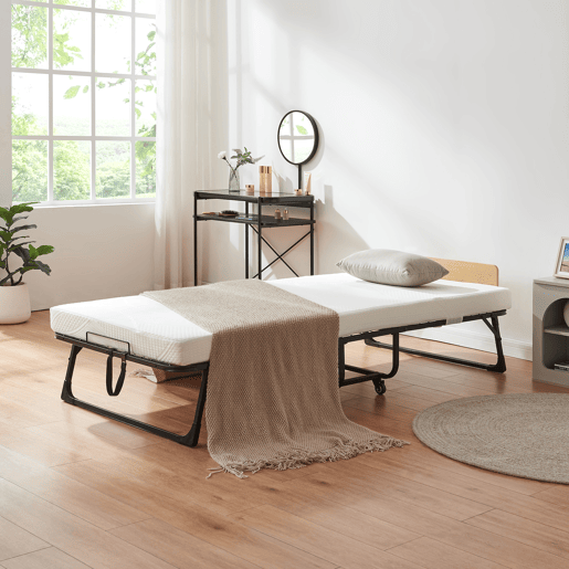Cama dobrável metálica Lustendi com colchão de 90x200 cm preto  carvalho en.casa