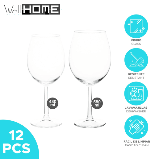 Conjunto de 12 taças de vinho de tamanhos diferentes.