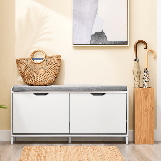 SoBuy FSR151-L-W Banco de entrada economizador de espaço Banco para arrumação com almofada almofadada e estrutura em MDF e ferro, capacidade de carga até 250 kg, design nórdico, branco e cinzento, 105x24x52 cm