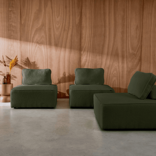 Sofá modular em tecido boucle de 3 lugares, Bao, Verde caqui, 90x90x74 cm