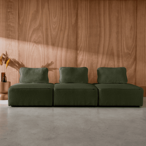 Sofá modular em tecido boucle de 3 lugares, Bao, Verde caqui, 90x90x74 cm
