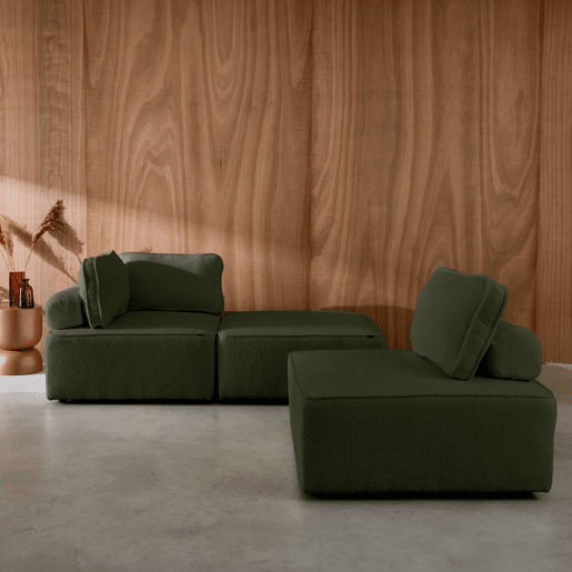 Sofá modular em tecido boucle de 3 lugares, Bao, Verde caqui, 90x90x74 cm