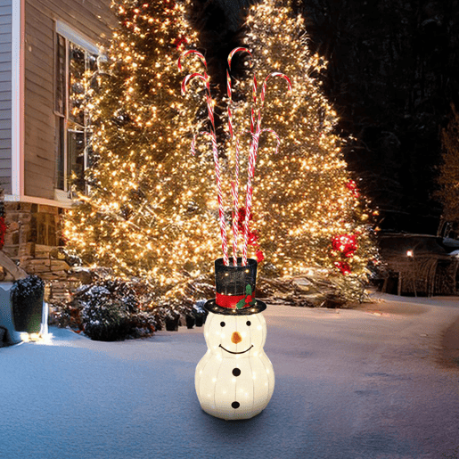 Boneco de neve com bengalas doces e luzes LED quentes