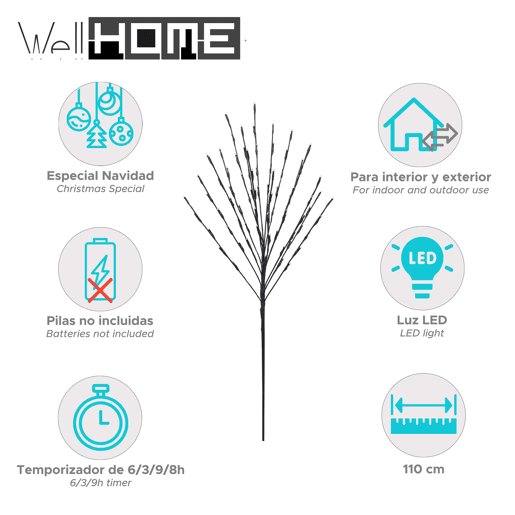 Árvore artificial Well Home com 80 luzes LED de cor quente e temporizador.
