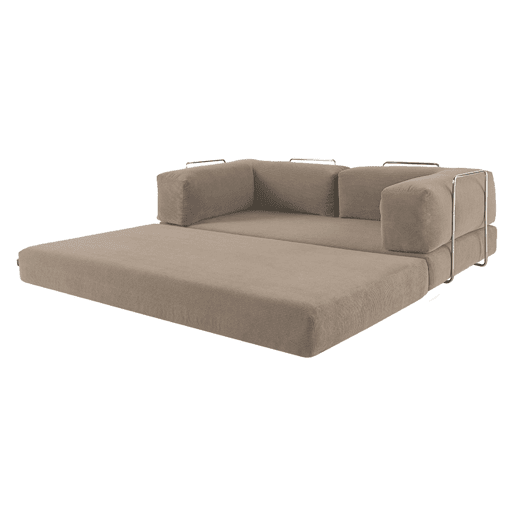 Sofá cama futon conversível em veludo canelado e estrutura cromada, 3 lugares, Seventies, Taupe, 200x100x72 cm