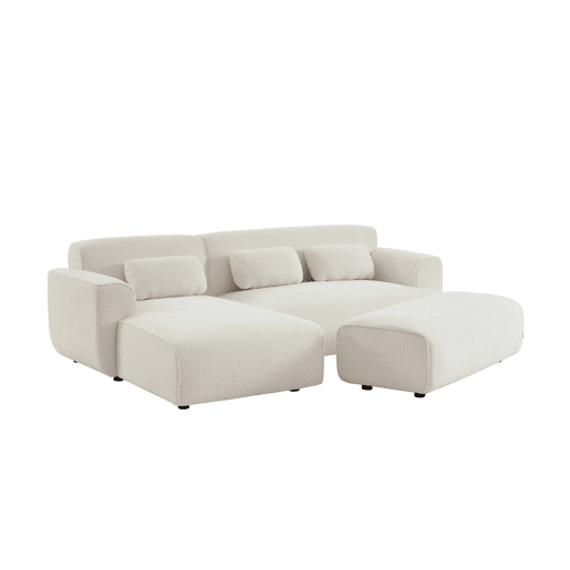 Pouf, apoio para os pés para sofá de canto boucle de 2 lugares, Wallas boucle, Branco, 123x60x41 cm