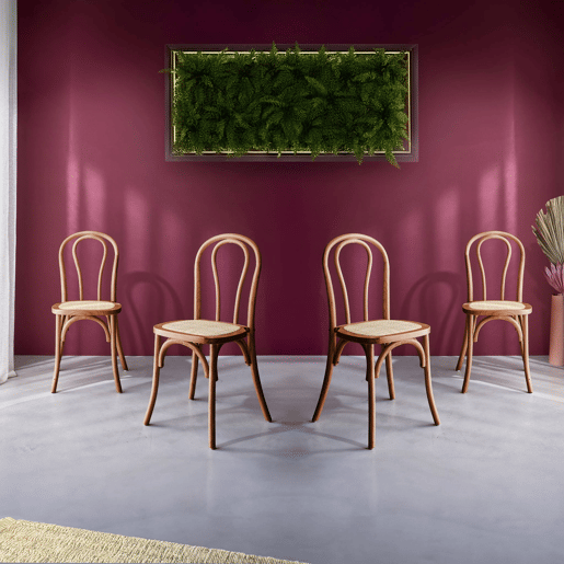 Cadeira vintage de madeira e rattan, set de 4, Bastille, Efeito Noyer, 48x49.5x90 cm