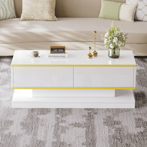 Mesa de centro 100x50x38 cm - Com 2 gavetas grandes, rebordo dourado, cor branco quente