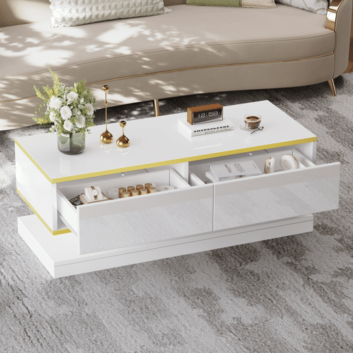 Mesa de centro 100x50x38 cm - Com 2 gavetas grandes, rebordo dourado, cor branco quente