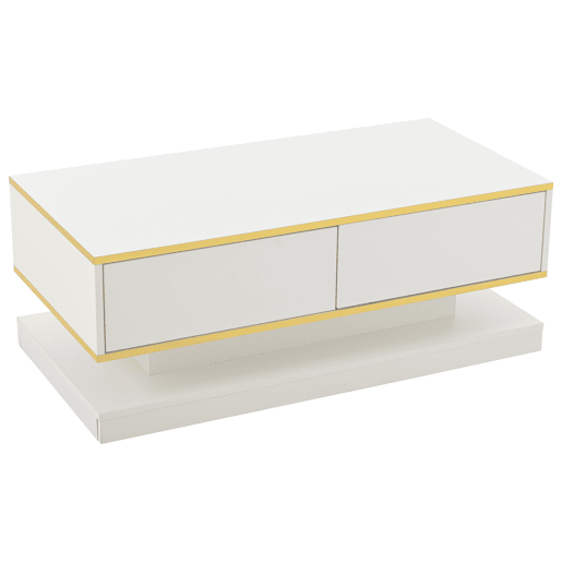 Mesa de centro 100x50x38 cm - Com 2 gavetas grandes, rebordo dourado, cor branco quente