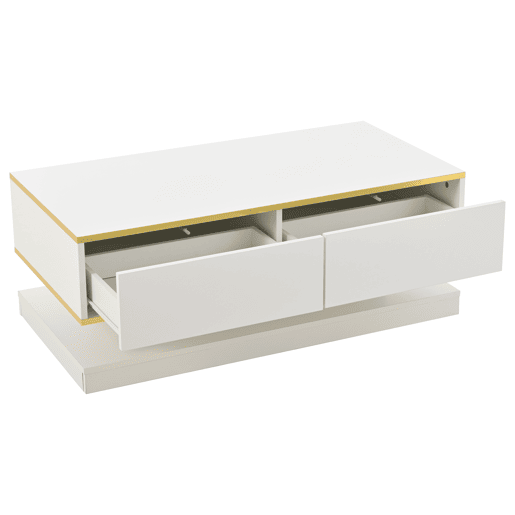 Mesa de centro 100x50x38 cm - Com 2 gavetas grandes, rebordo dourado, cor branco quente