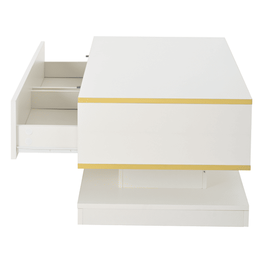Mesa de centro 100x50x38 cm - Com 2 gavetas grandes, rebordo dourado, cor branco quente
