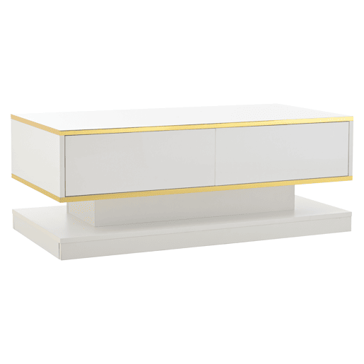 Mesa de centro 100x50x38 cm - Com 2 gavetas grandes, rebordo dourado, cor branco quente
