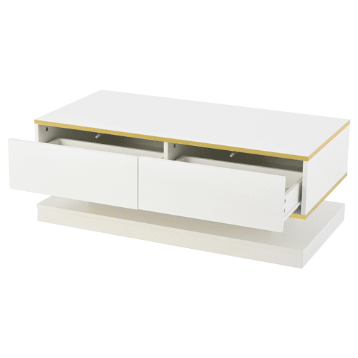 Mesa de centro 100x50x38 cm - Com 2 gavetas grandes, rebordo dourado, cor branco quente