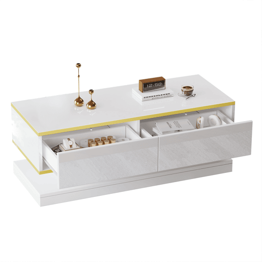 Mesa de centro 100x50x38 cm - Com 2 gavetas grandes, rebordo dourado, cor branco quente