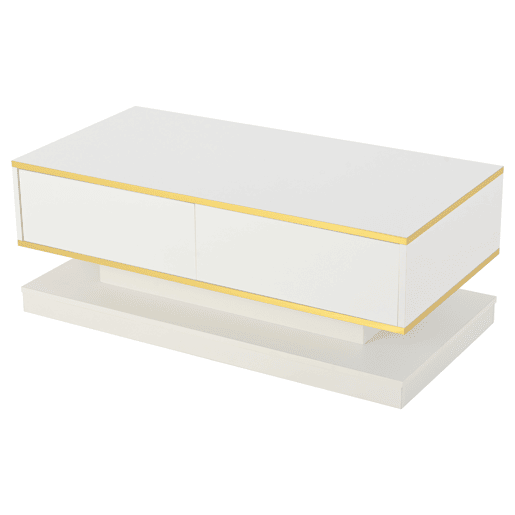 Mesa de centro 100x50x38 cm - Com 2 gavetas grandes, rebordo dourado, cor branco quente
