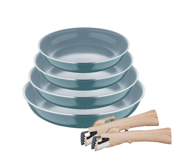 Set de 4 sartenes ø22ø24ø26ø28cm en aluminio prensado verde + 2 mangos extraíbles click&cook bergner