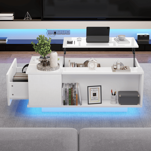 Mesa de centro 100x50x40 cm - Mesa de café ajustável com arrumação oculta, mesa auxiliar com luz LED, mesa de sala com gaveta - Branca
