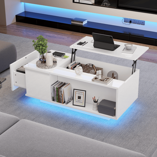 Mesa de centro 100x50x40 cm - Mesa de café ajustável com arrumação oculta, mesa auxiliar com luz LED, mesa de sala com gaveta - Branca