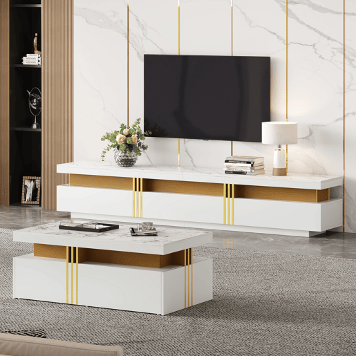 Conjunto de móveis para TV branco - Mesa de centro + móvel para TV - Multifuncional Conjunto de móveis para TV branco - Mesa de centro + móvel para TV - Multifuncional