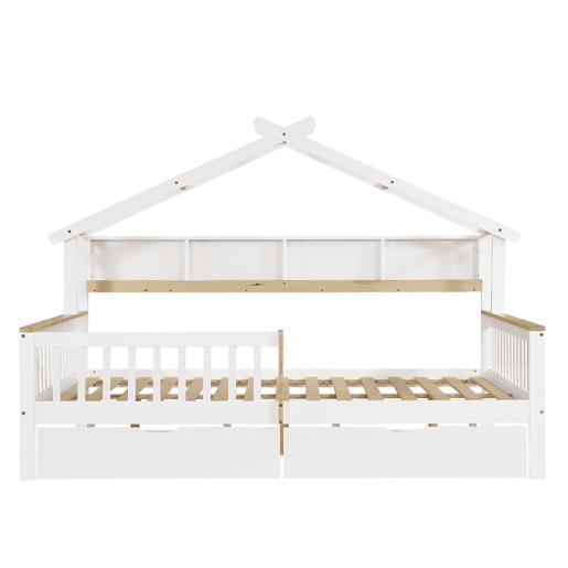 Cama infantil 140x200 - Com proteção lateral e grade, design de teto único, estante de 2 m, 2 gavetas com rodas, cama baixa de madeira - Branco+Natural Cama infantil 140x200 - Com proteção lateral e grade, design de teto único, estante de 2 m, 2 gavetas com rodas, cama baixa de madeira - Branco+Natural