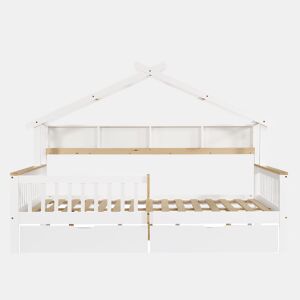 Cama infantil 140x200 - Com proteção lateral e grade, design de teto único, estante de 2 m, 2 gavetas com rodas, cama baixa de madeira - Branco+Natural