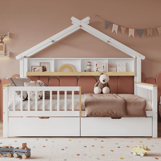 Cama infantil 140x200 - Com proteção lateral e grade, design de teto único, estante de 2 m, 2 gavetas com rodas, cama baixa de madeira - Branco+Natural Cama infantil 140x200 - Com proteção lateral e grade, design de teto único, estante de 2 m, 2 gavetas com rodas, cama baixa de madeira - Branco+Natural