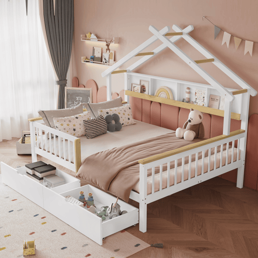 Cama infantil 140x200 - Com proteção lateral e grade, design de teto único, estante de 2 m, 2 gavetas com rodas, cama baixa de madeira - Branco+Natural Cama infantil 140x200 - Com proteção lateral e grade, design de teto único, estante de 2 m, 2 gavetas com rodas, cama baixa de madeira - Branco+Natural