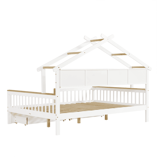 Cama infantil 140x200 - Com proteção lateral e grade, design de teto único, estante de 2 m, 2 gavetas com rodas, cama baixa de madeira - Branco+Natural Cama infantil 140x200 - Com proteção lateral e grade, design de teto único, estante de 2 m, 2 gavetas com rodas, cama baixa de madeira - Branco+Natural